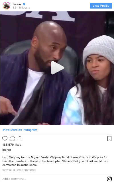 “Lord We pray for the Bryant family. We pray for all those affected. We pray for the other families of those in the helicopter. We ask that your Spirit would be a comforter. In Jesus name,”